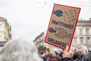 Alguien en una manifestación sostiene una pancarta en inglés que dice Don't panic, organise.